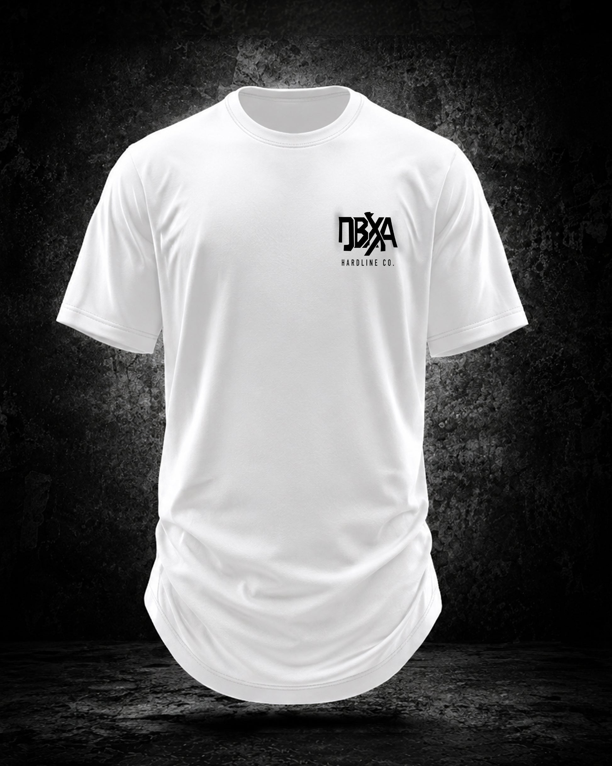 White t-shirt with a logo on a dark textured background