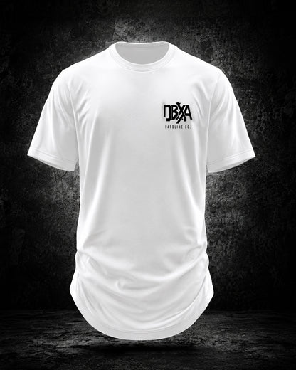 White t-shirt with a logo on a dark textured background