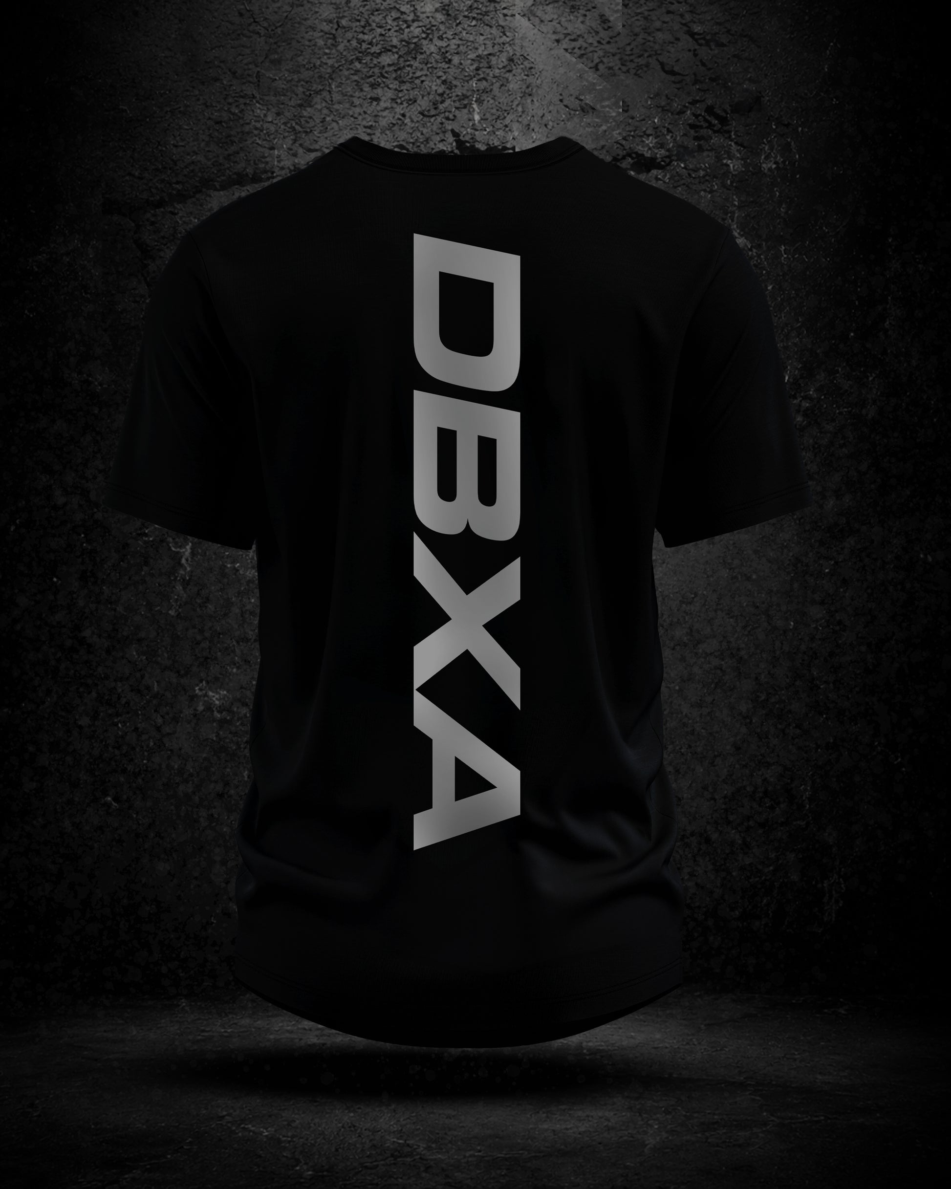 Black t-shirt with 'DBXA' logo on a dark textured background