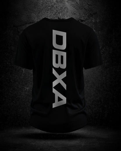 Black t-shirt with 'DBXA' logo on a dark textured background