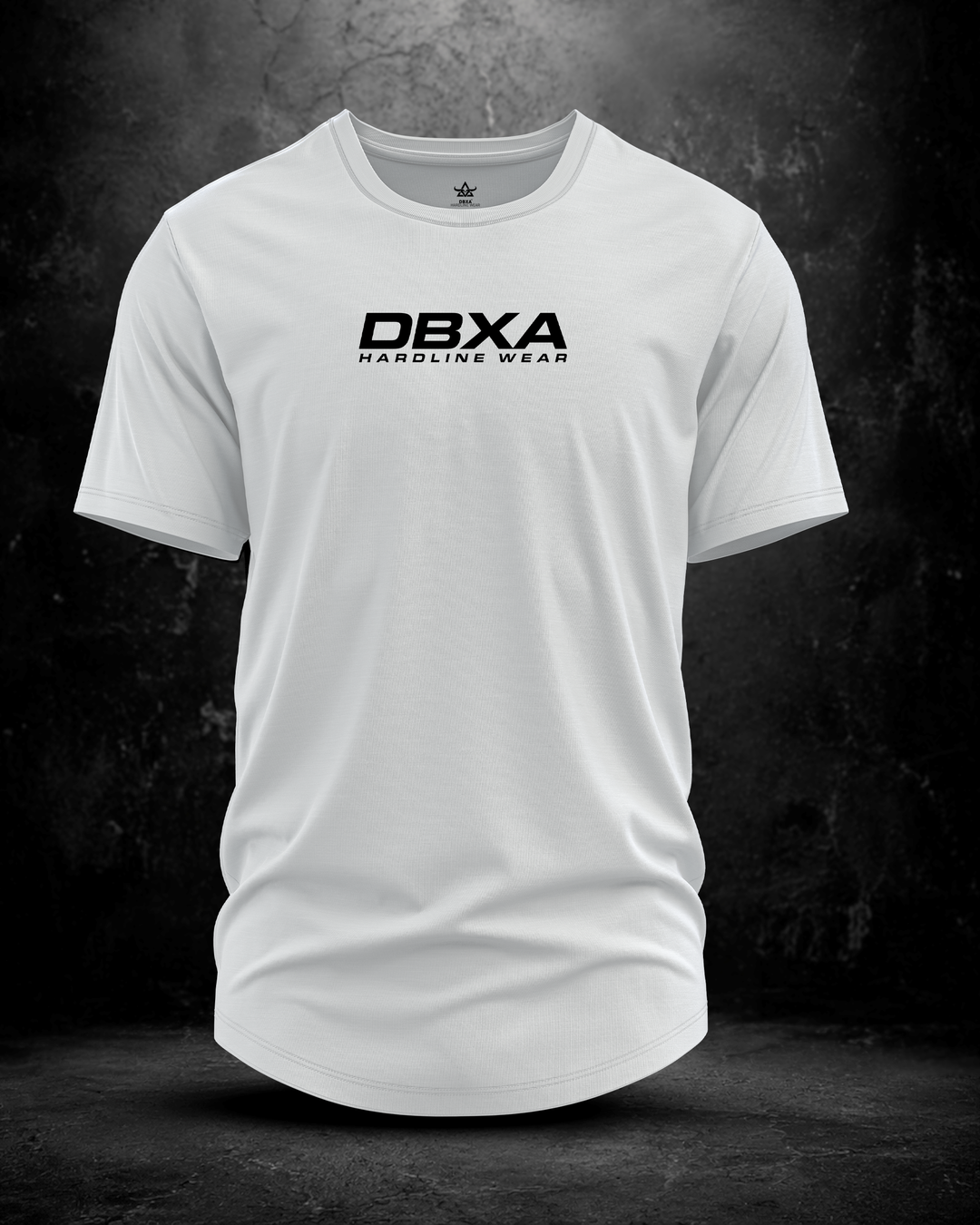 White DBXA Trisnap Longline Tee showing the front DBXA logo