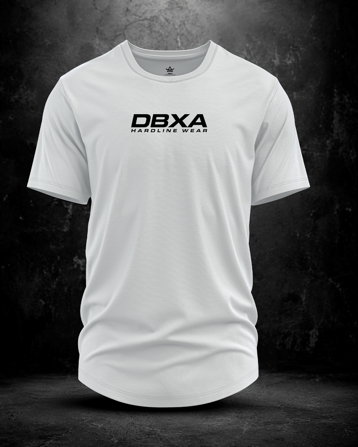 White DBXA Trisnap Longline Tee showing the front DBXA logo