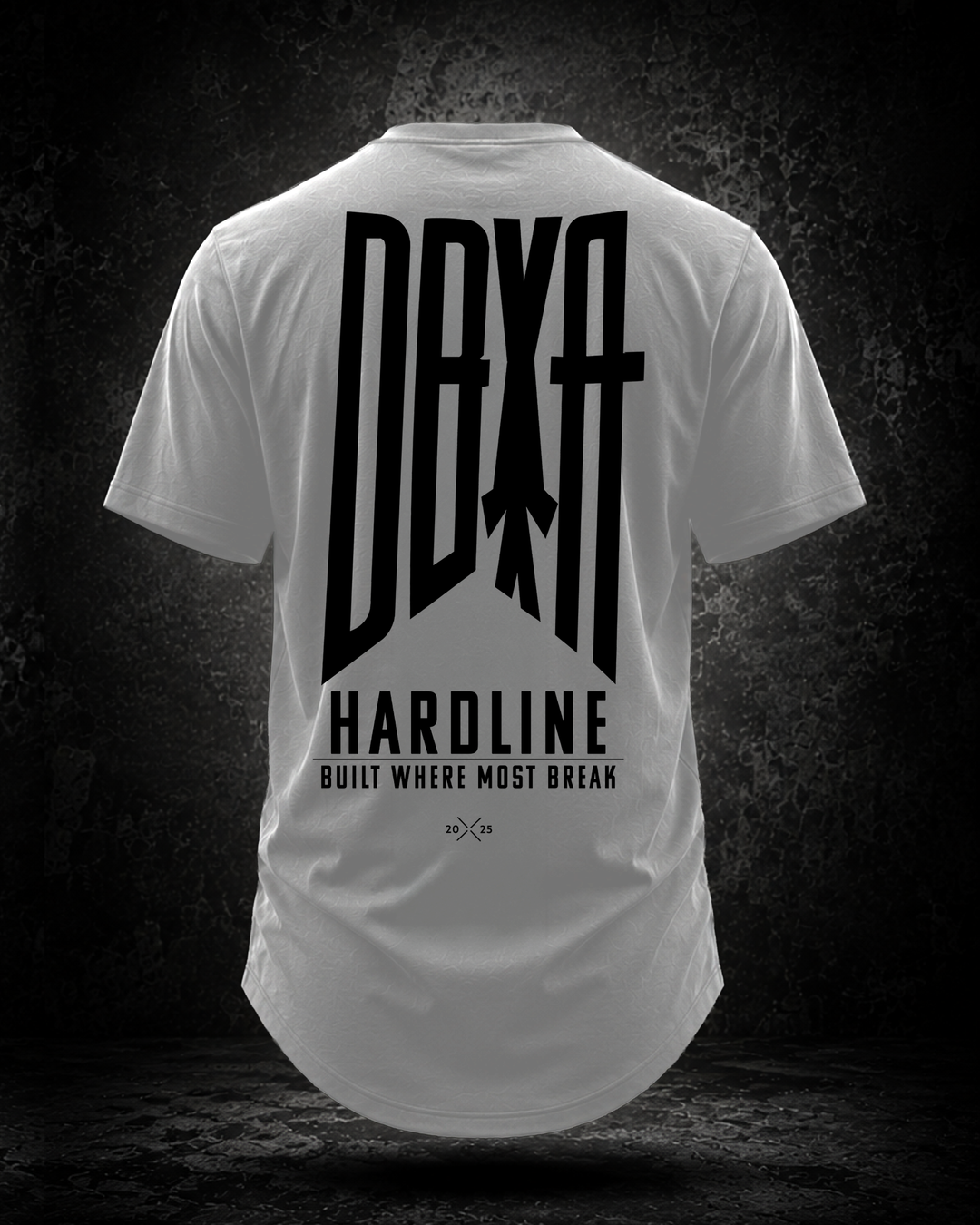 White DBXA Hardline Tee showing the large rear graphic
