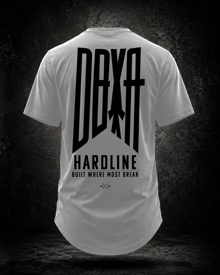 White DBXA Hardline Tee showing the large rear graphic