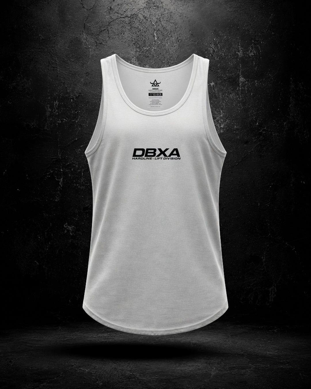 White DBXA Hardline Tank showing the front logo