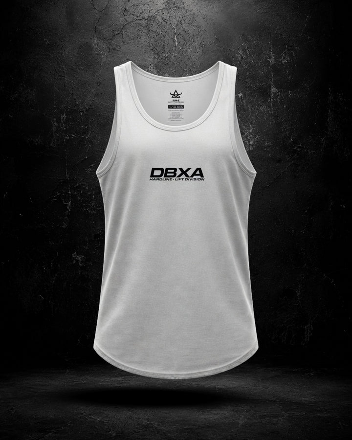 White DBXA Hardline Tank showing the front logo