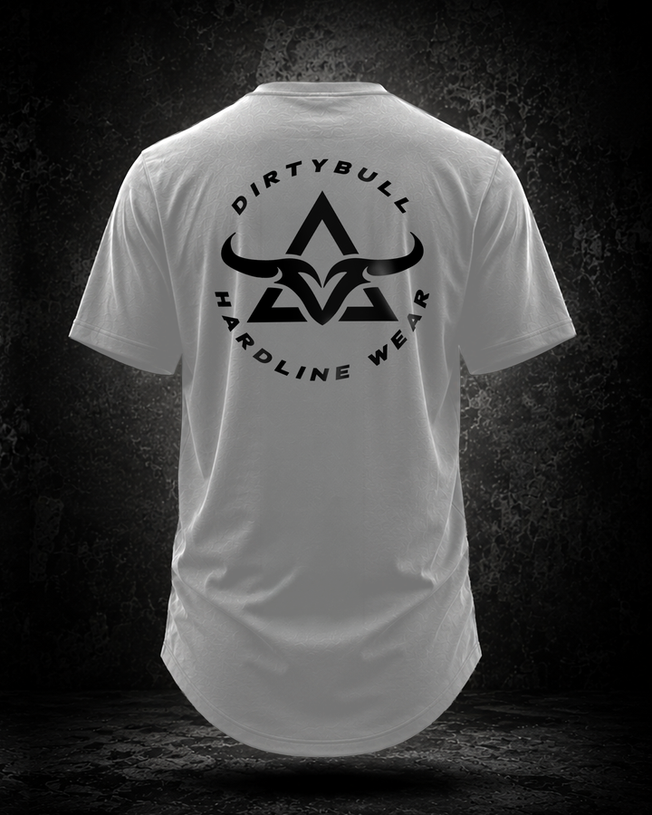 White DBXA Trisnap Longline Tee showing the rear bull logo