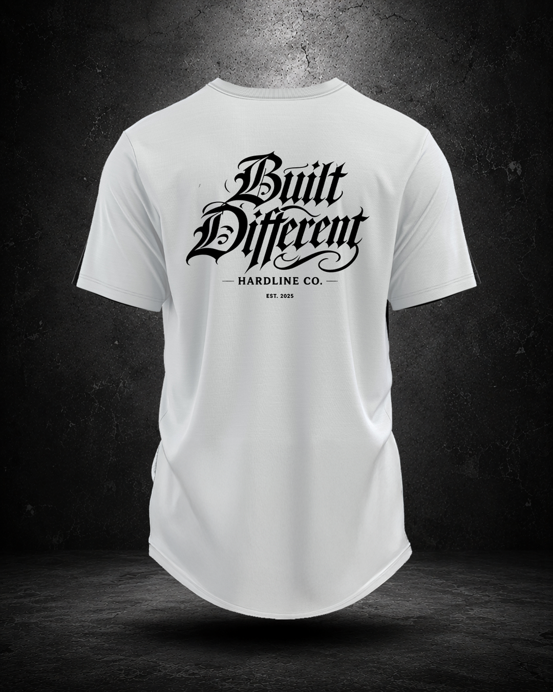 White Hardline Co. BD Tee rear view — Built Different artwork