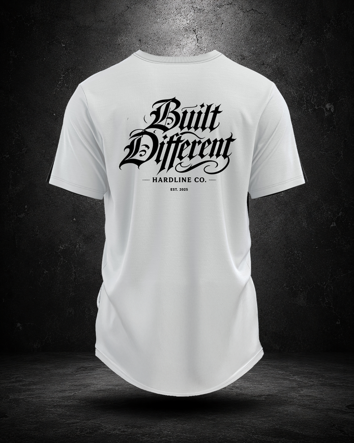 White Hardline Co. BD Tee rear view — Built Different artwork