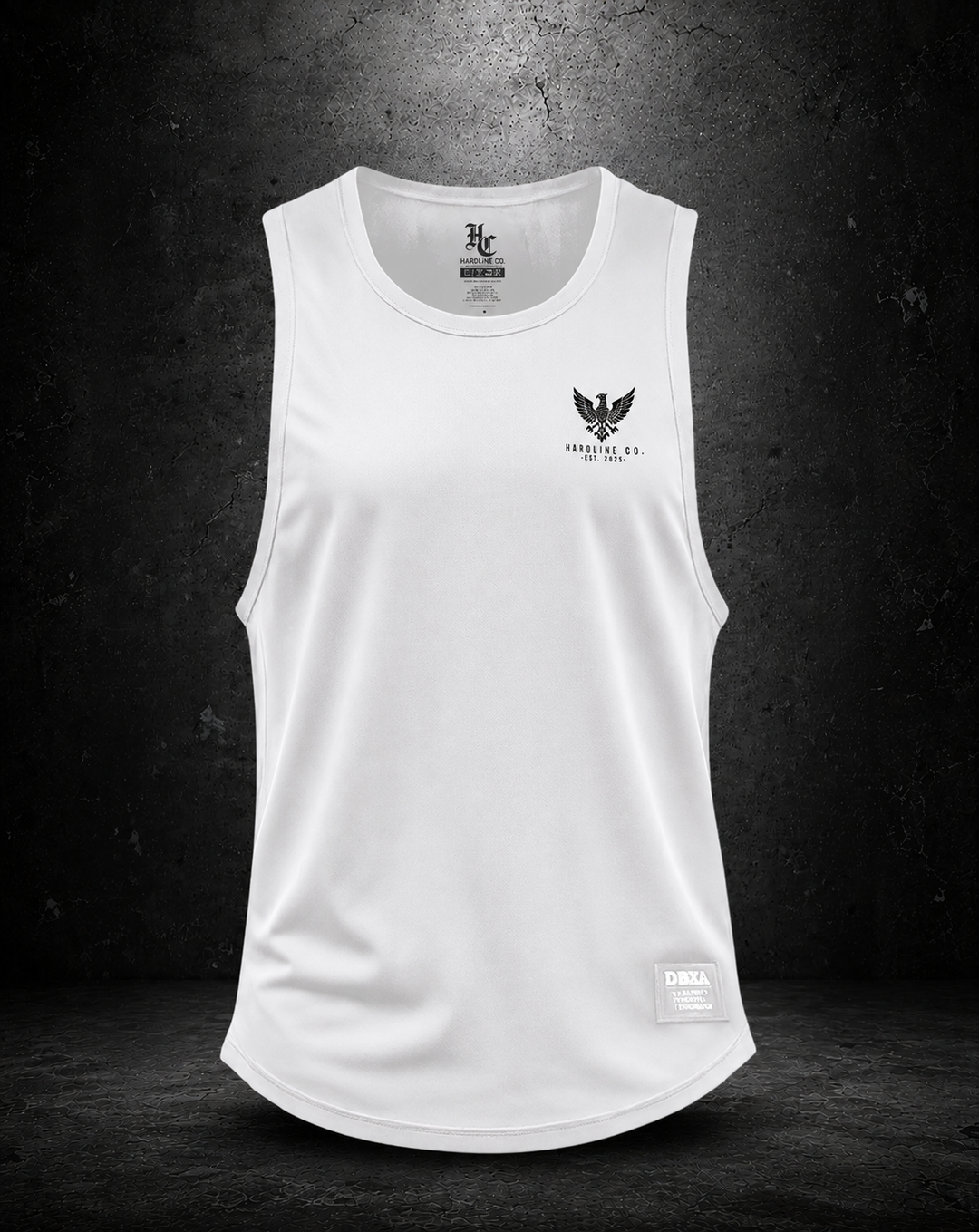 Front view of the white Hardline Co. BD Tank with eagle chest print