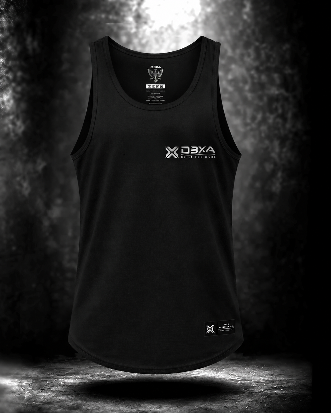 Black Wingmark Tank front with DBXA chest logo and black rectangular hem tag with white print
