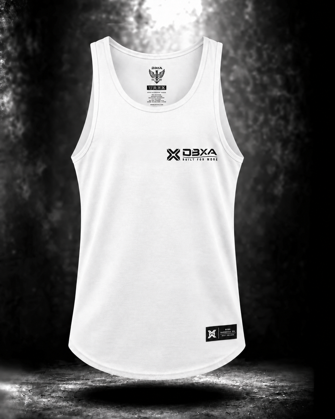 White Wingmark Tank front with DBXA chest logo and black rectangular hem tag with white print