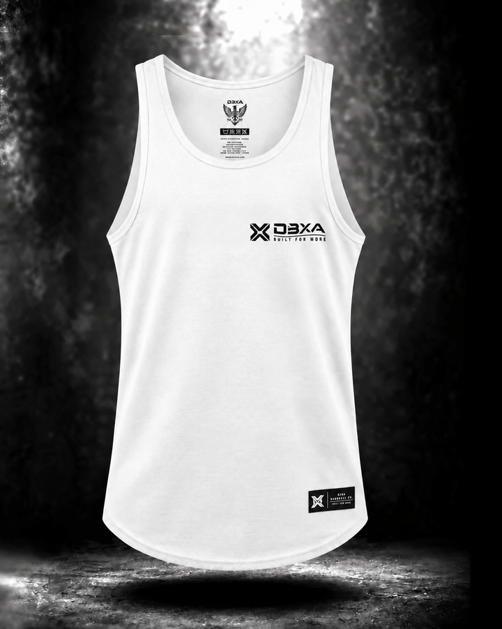 White Wingmark Tank front with DBXA chest logo and black rectangular hem tag with white print